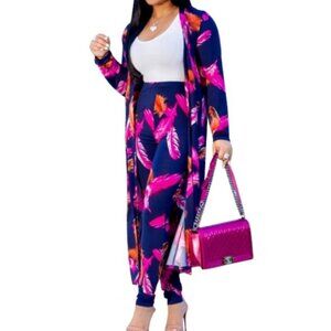 Hali Navy Orange Pink Florals Open Front Cardigan Leggings 2 Piece Suit